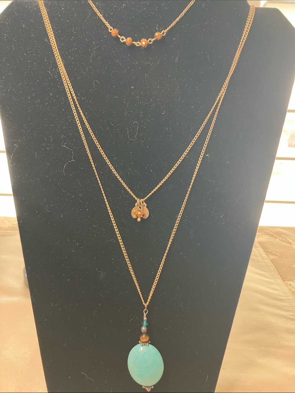 Long Gold-Tone Layered Necklace with Turquoise Pendant - Unbranded